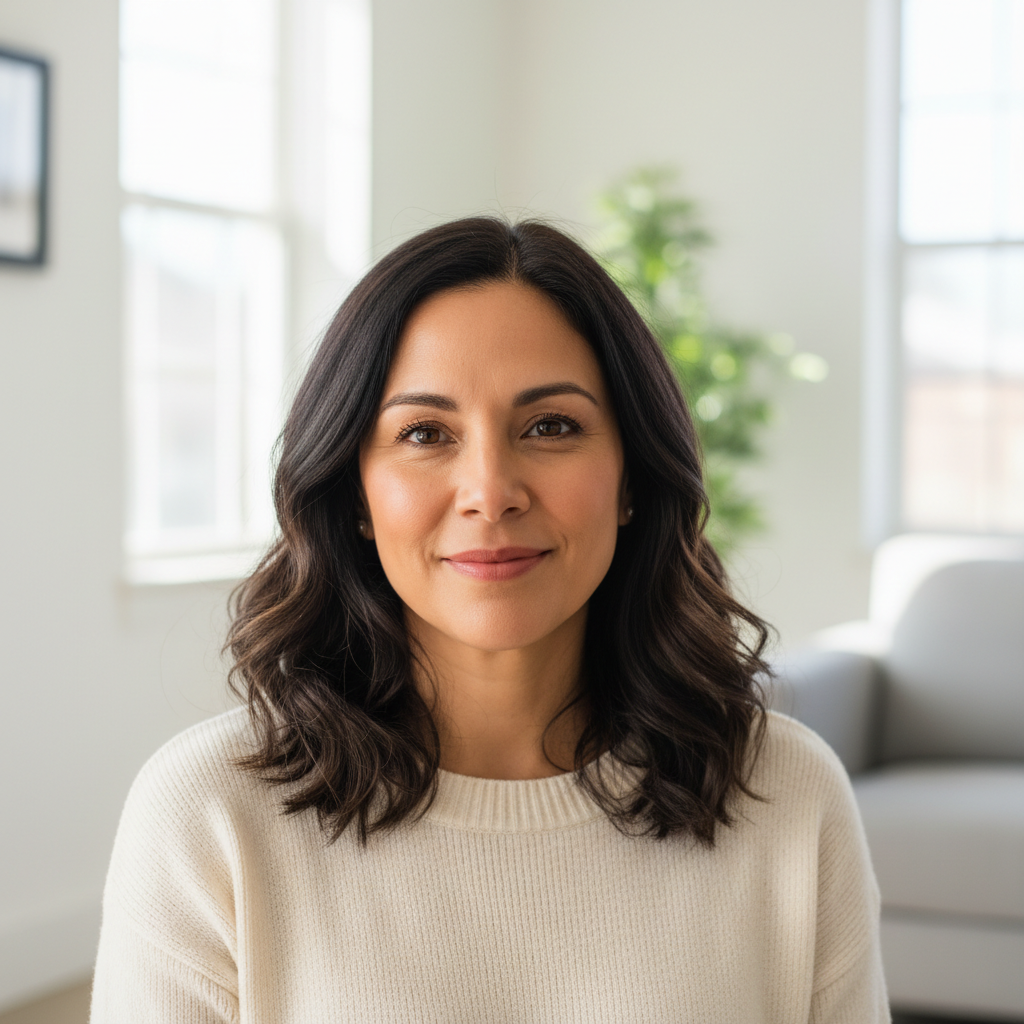 A Hispanic woman aged 48, indoor head-shot in a sunlit living room, smiling gently at camera