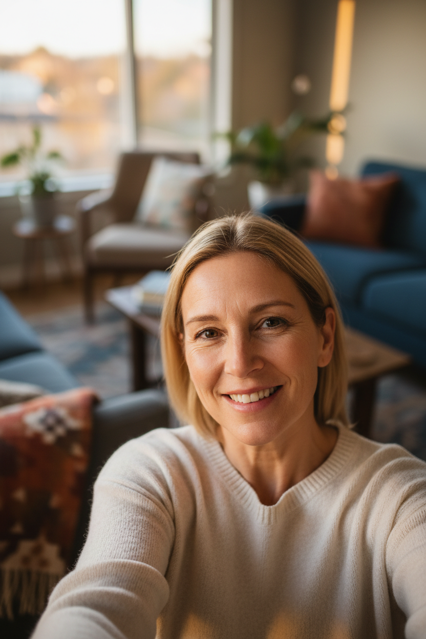 A White woman aged 47, indoor head-shot selfie in a softly lit living room