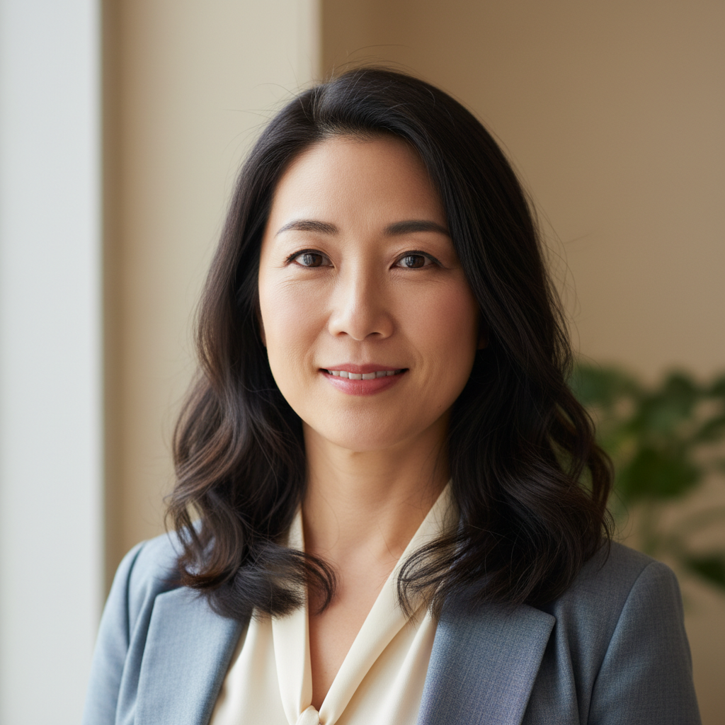 An Asian woman aged 49, indoor head-shot looking at camera