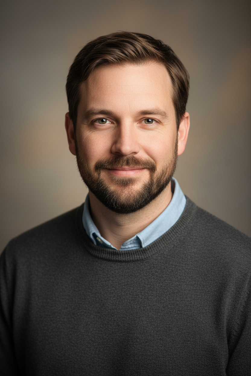 Headshot of a 41-year-old man, looking directly at the camera, neutral studio background, subtle smile, friendly and professional demeanor, natural lighting, realistic adult portrait, casual clothing.